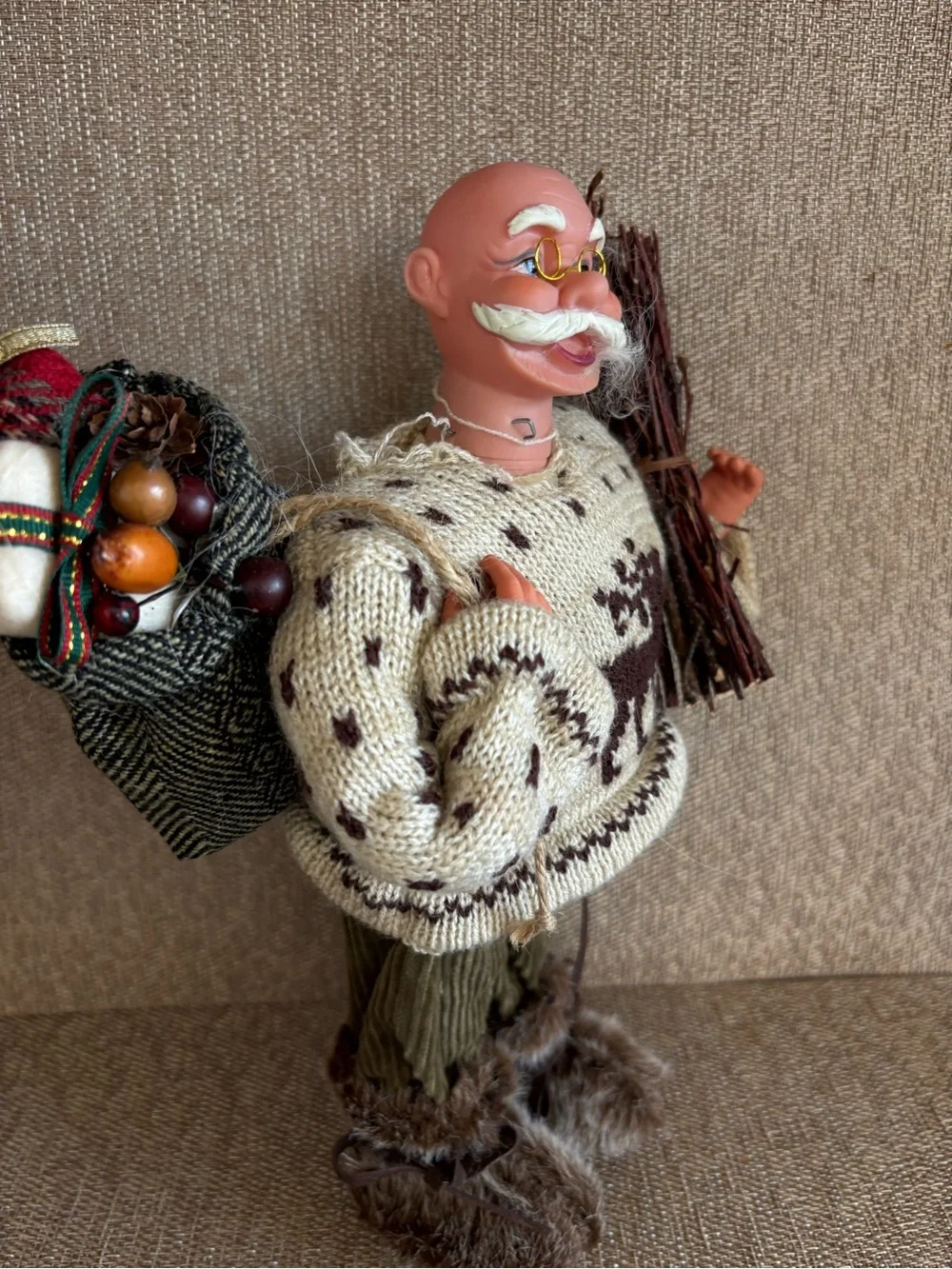 Nordic Old Man Santa Claus Doll Reindeer Knit Sweater Twig Bundle Rustic Holiday